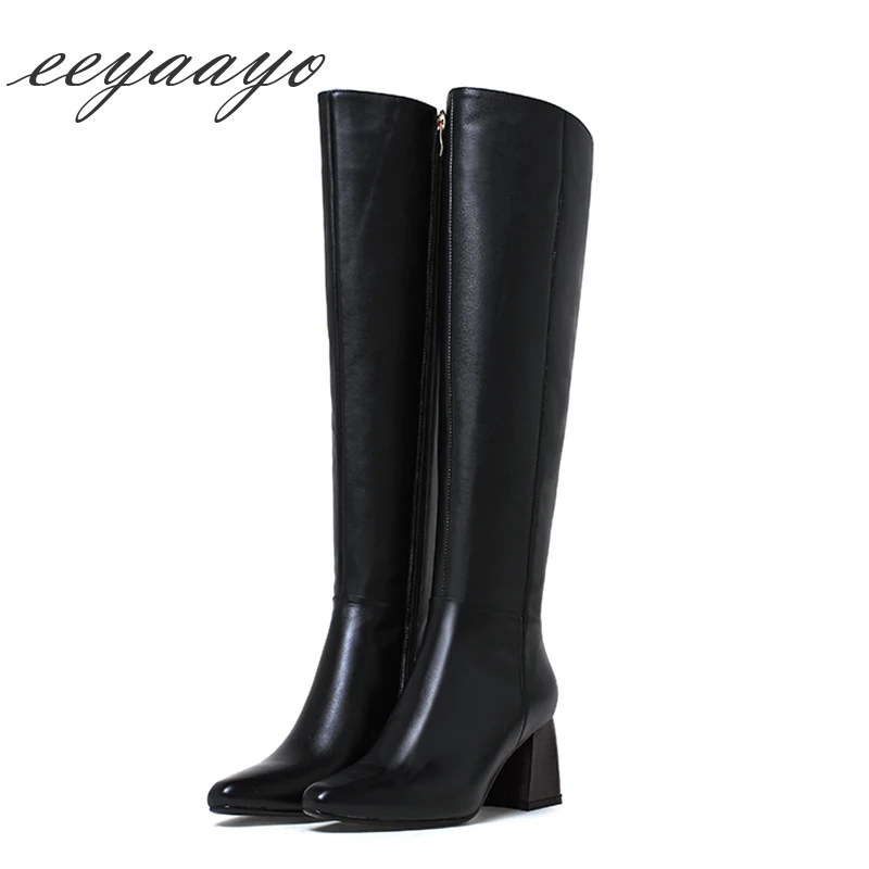 

2019 New Genuine Leather Women Knee-High Boots High Heels Square Toe Zip Elegant Sexy Office Ladies Boots Black Women Shoes