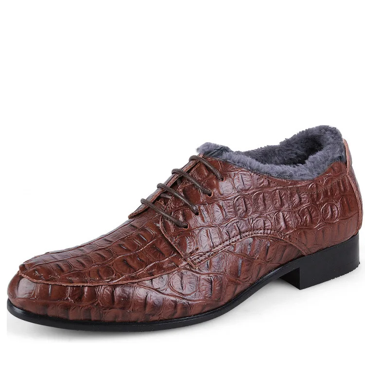 Зимняя мужская деловая обувь на плоской подошве, Мужские модельные туфли из натуральной кожи, Теплая мужская обувь с острым носком и узором «крокодиловая кожа», официальная Мужская обувь размера плюс 36-50 - Цвет: red brown