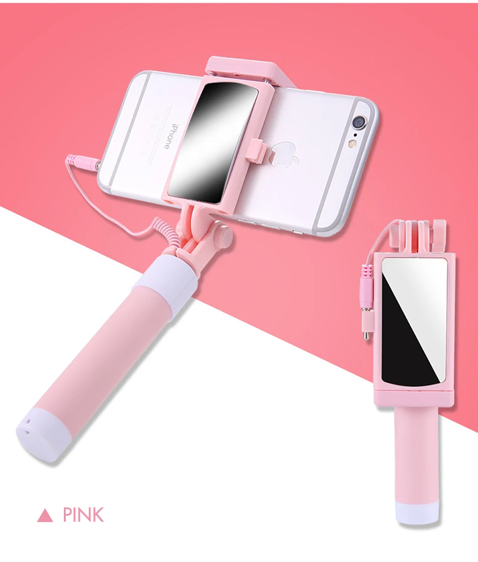 !ACCEZZ Mini Wired Selfie Stick IOS For iPhone X XR XS MAX 8 7 6 For Huawei Samsung Monopod Foldable Portable Selfiestick Mirror (14)
