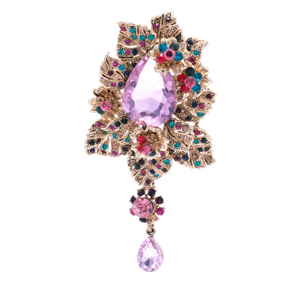 

3.5" Multicolor Crystals Rhinestone Brooches Dangle Drop Flower Brooch Pins Pendant for Women Jewelry Wholesale 6176
