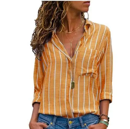 Женская рубашка 2019 новые женские Летние Осенние Топы и блузки рубашка плюс размер с длинным рукавом полосатый принт Женская блузка рубашка