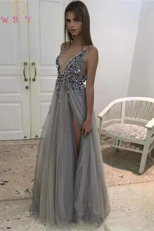 

Sexy V Neck Split Prom Dresses 2019 Gray Sleeveless A Line vestidos Beading Crystal Sequined Floor Length Empire Tulle Gowns