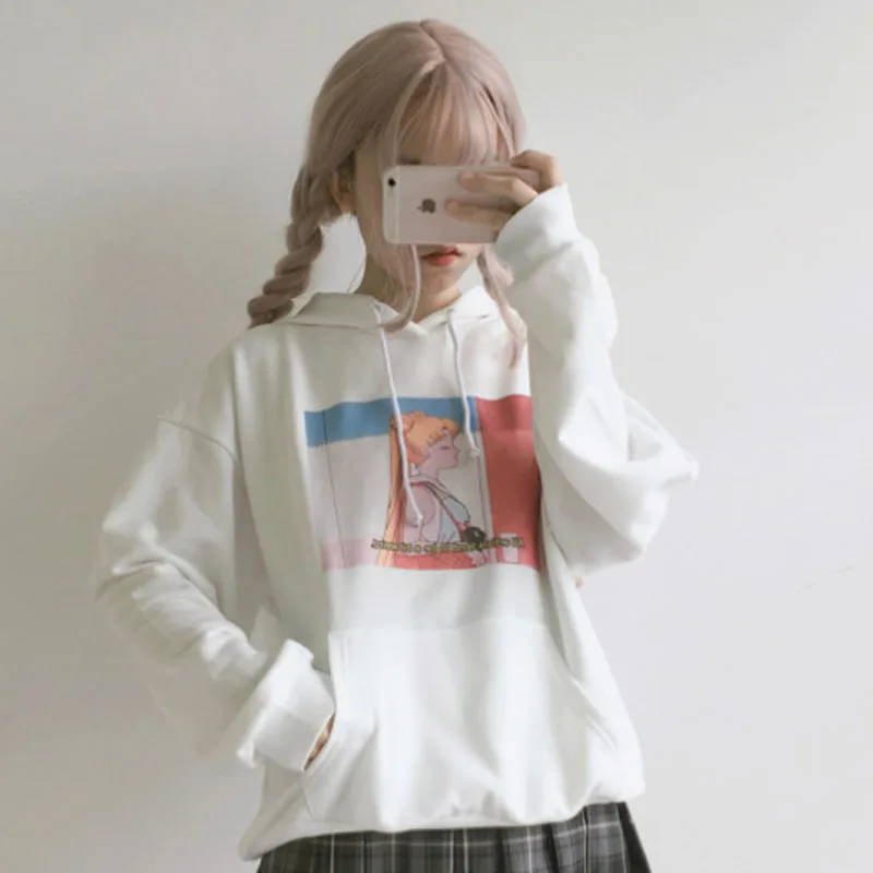 Корейский мультфильм красота девушка печати белый розовый толстовки женщин зима