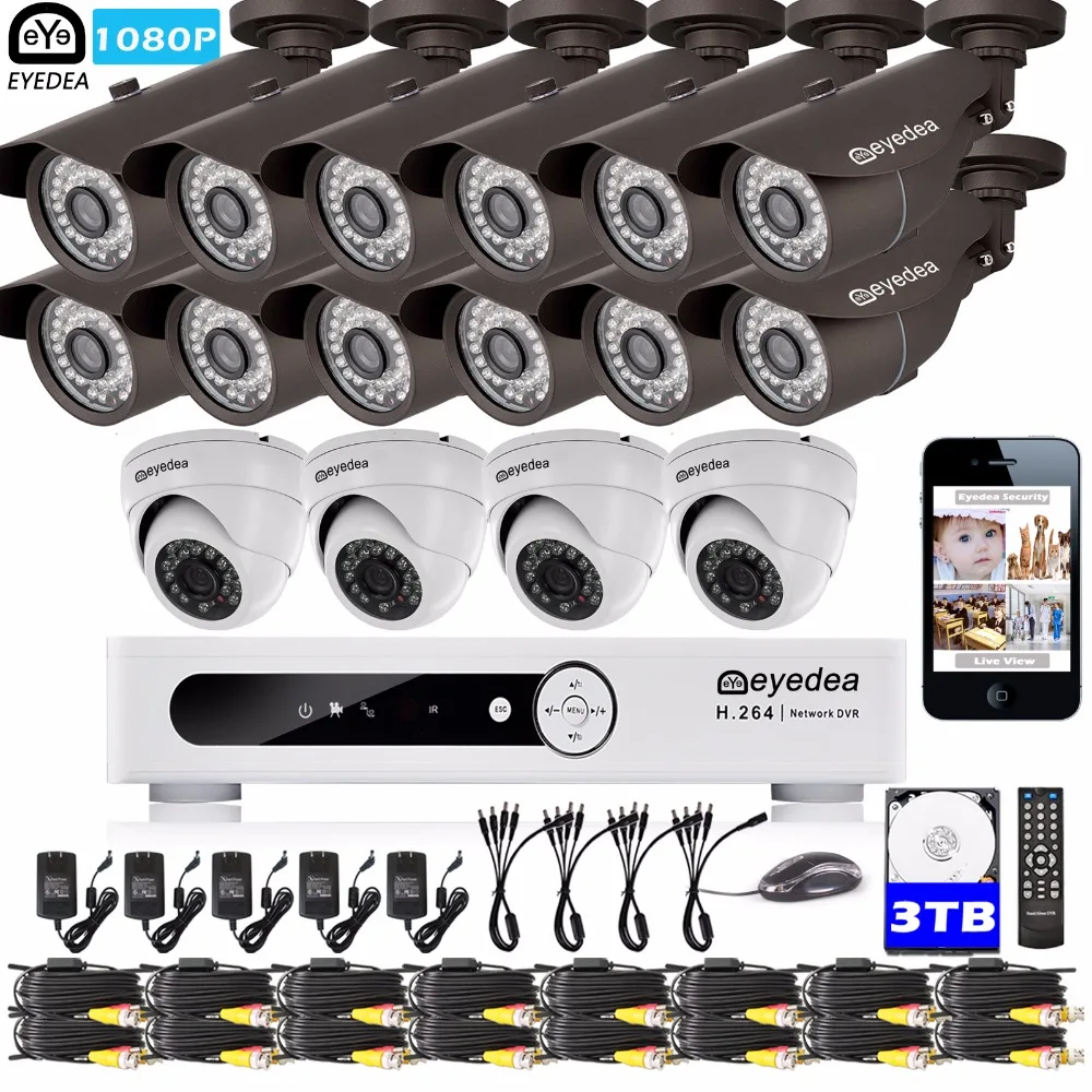 

Eyedea 16 CH Phone View DVR 1080P White 12 Bullet 4 Dome Outdoor Night Vision CCTV Security Camera Video Surveillance System 3TB