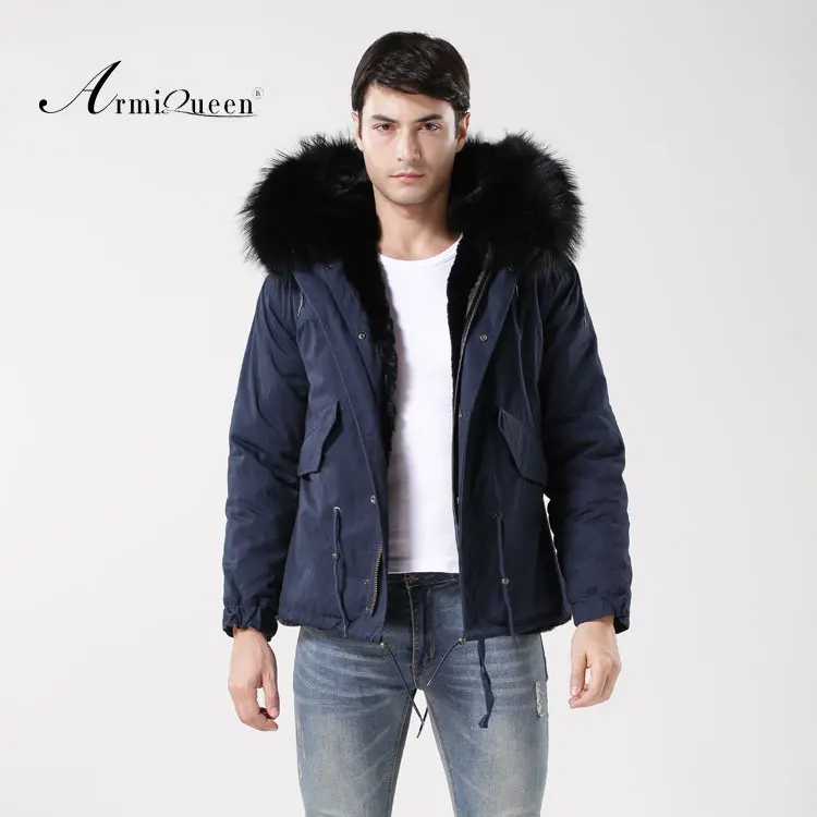 Special Price dark blue shell fabric outside black fur inside & hood man style jacket in man's parkas
