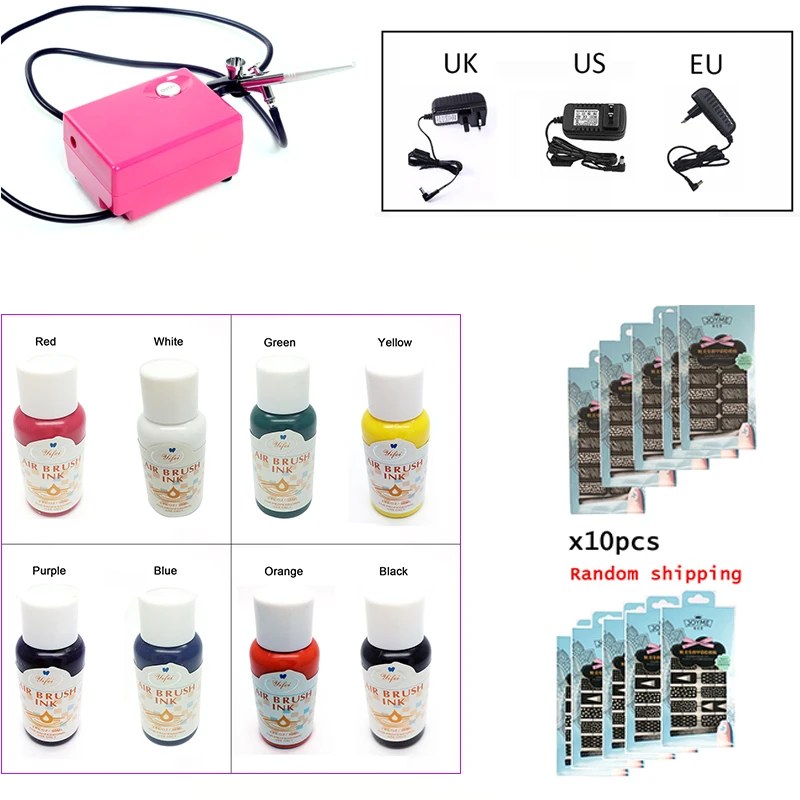 Мульти Стиль Аэрограф для дизайна ногтей комплект аэрограф краска для ногтей воздушная кисть компрессор 8 основных цветов пигменты для ногтей татуировки