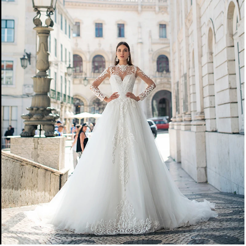 

Smileven Long Sleeves Lace Wedding Dress 2019 Elegant A Line Bride Dresses High Neck Long Train Wedding Bridal Gowns 2019