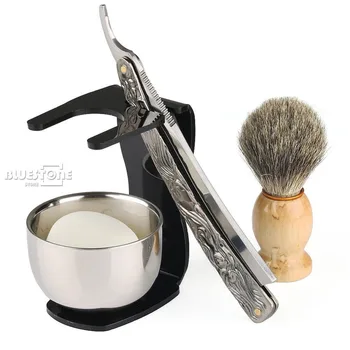 

5 in 1 Men's Barber Shaving Set Shave Knife Straight Razor + Brush + Black Stand + Bowl + Soap Free Shipping
