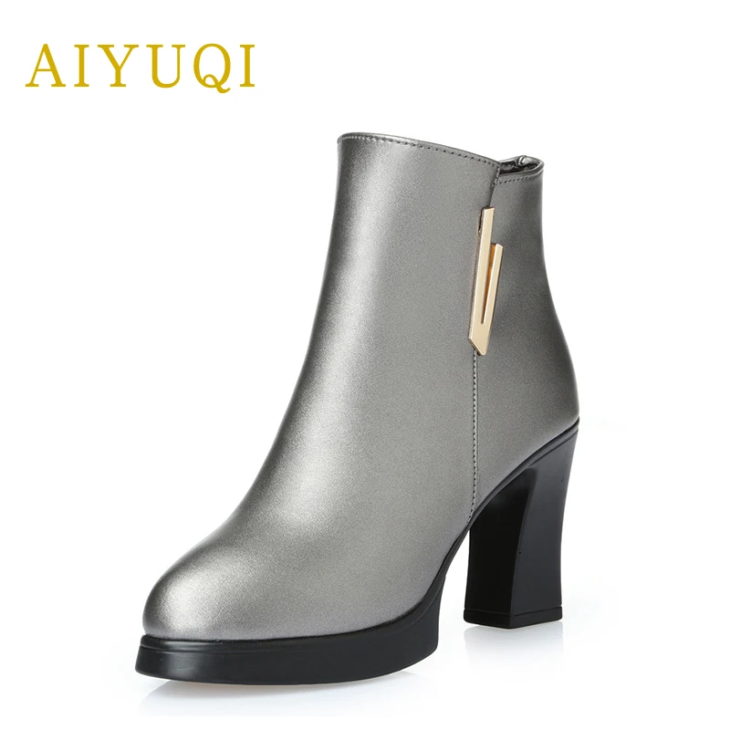 AIYUQI 2018 new genuine leather ankle boots for women red high heel wedding boots size fashion sexy winter wool warm boots Women's Shoes