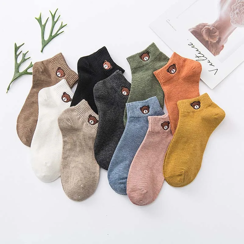 

10 Color College Style Colorful Breathable Sox Socks Women's Happy Funny Combed Cotton Cartoon Bear Embroidery Trend Boat Socks