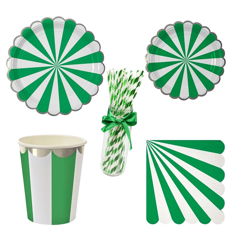 Green Disposable Tableware Party Paper Plates Cups Straw Birthday Party
