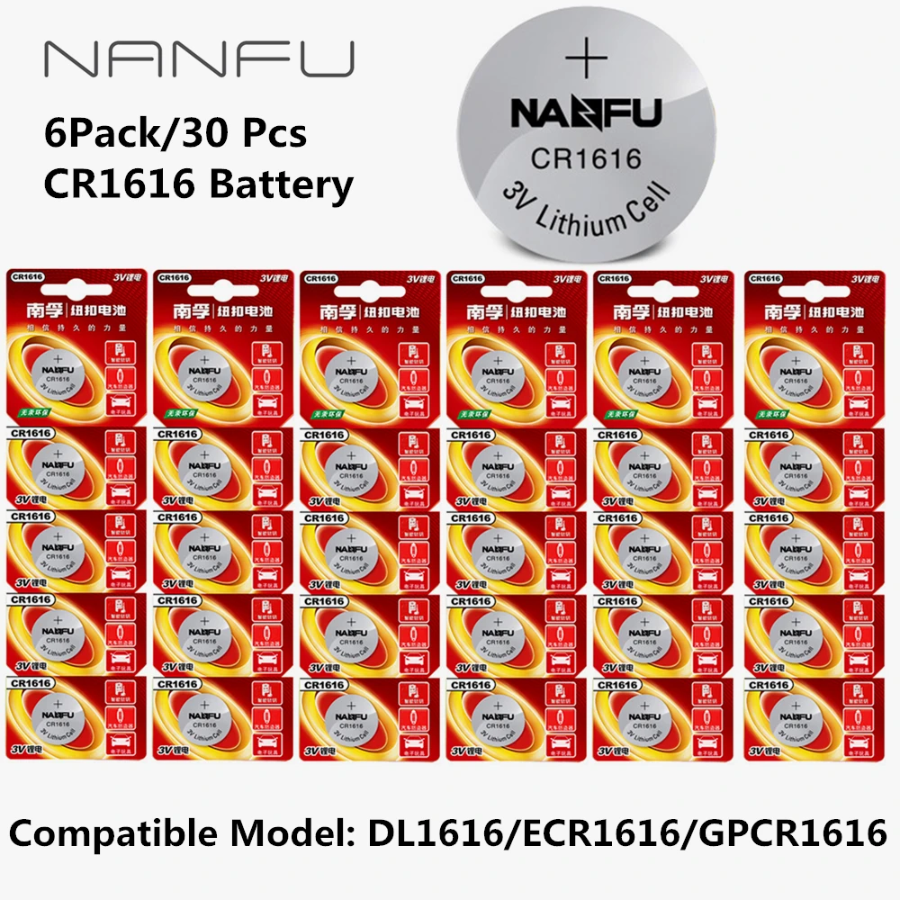 

NANFU 6 Pack/30 Pcs 3V Button Battery CR1616 DL1616 ECR1616 GPCR1616 Cell Coin Lithium Li-ion Batteries 16mm*1.6mm