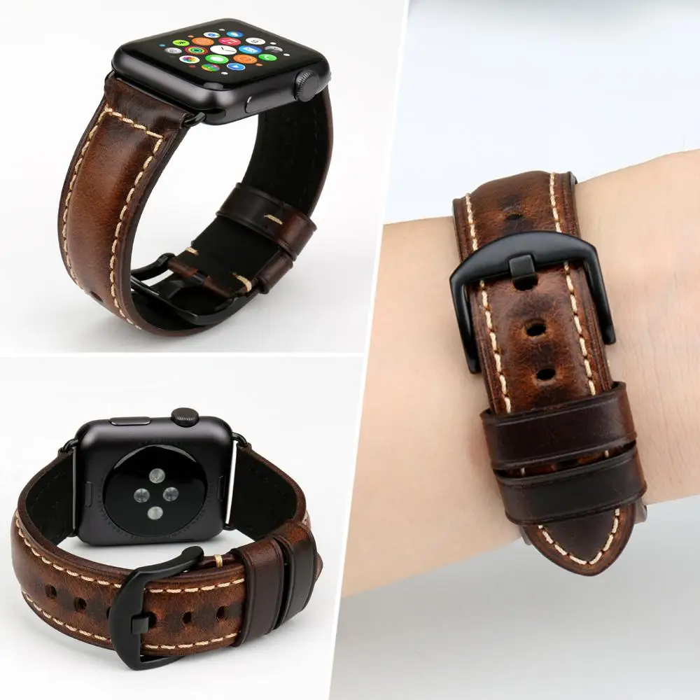 Cheap MAIKES Watch Accessories For Apple Watch Band 44mm 42mm Greasedleather Watchband for Apple Watch Strap 40mm 38mm iWatch Bracelet