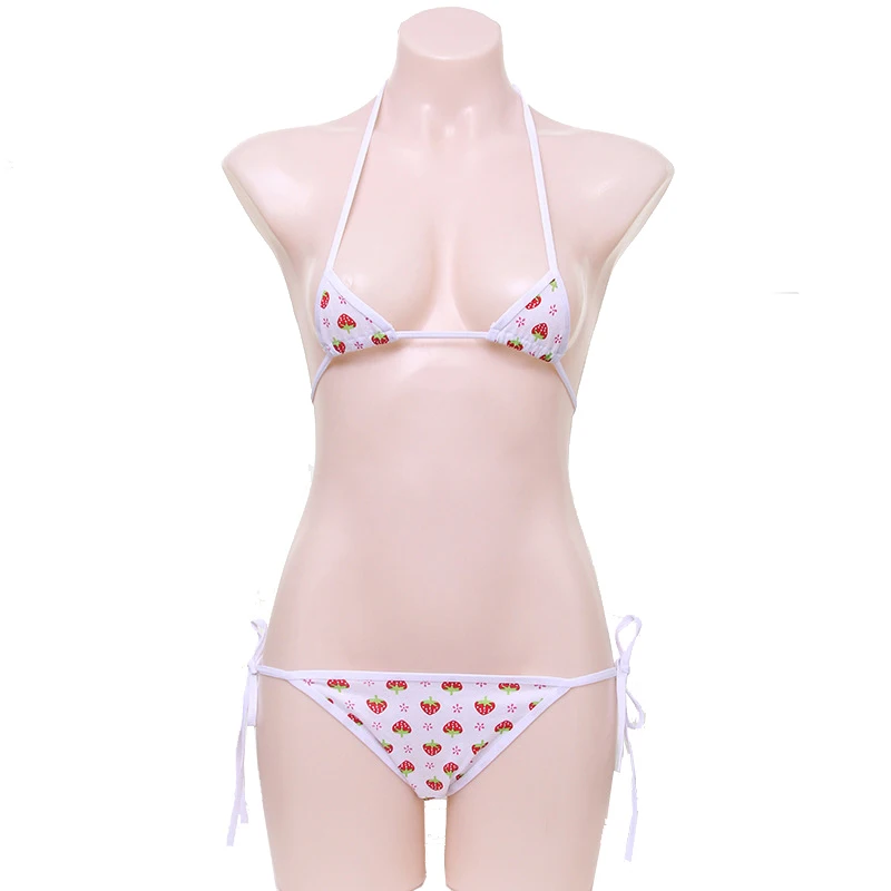 

Women Halter Neck Cute Strawberry Print Mini Cup Three Point Micro Bikini Strappy Sexy Lingerie Set Micro Bra Top and Pants