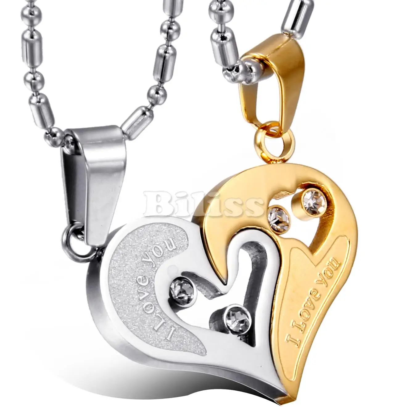 2 pcs/pair His and Hers Matching Heart Stainless Steel Pendant I Love You Engraved Necklace for Couples Lovers eu te amo
