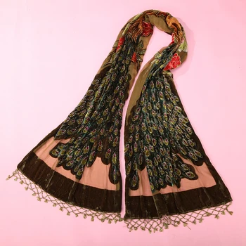 

New Style Green Shawl Velvet Silk Pashmina Scarf Embroidery Mantilla With Tassels Peacock Beaded Shawls Hijabs Soft Muffler