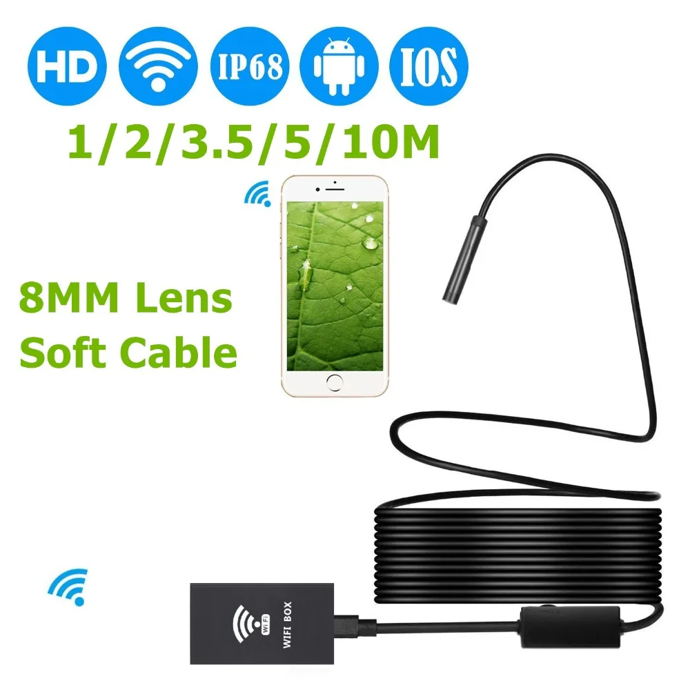 

LESHP 8mm 1200P HD WIFI Endoscope Camera Soft Cable 1/2/3.5/5/10M IP68 Waterproof With Adjustable Light Button 8pcs LED Light