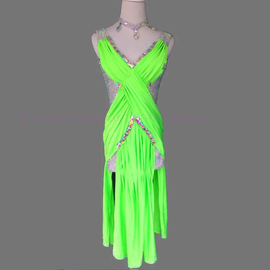 

New latin style Sexy Senior Spandex Latin Dance Dress with Diamonds for Competition latin dance dress