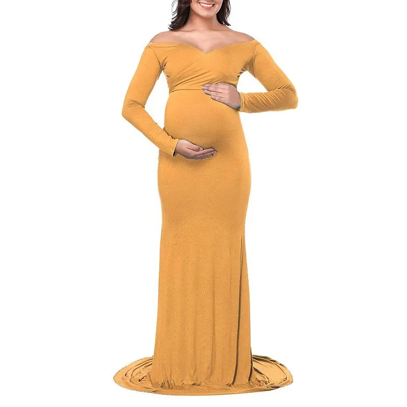 VOGUEON Women V Neck Maternity Dress Long Sleeve Ruched Maxi Photography Clothes Lady Mermaid Pregnant Baby Shower Evening Gown