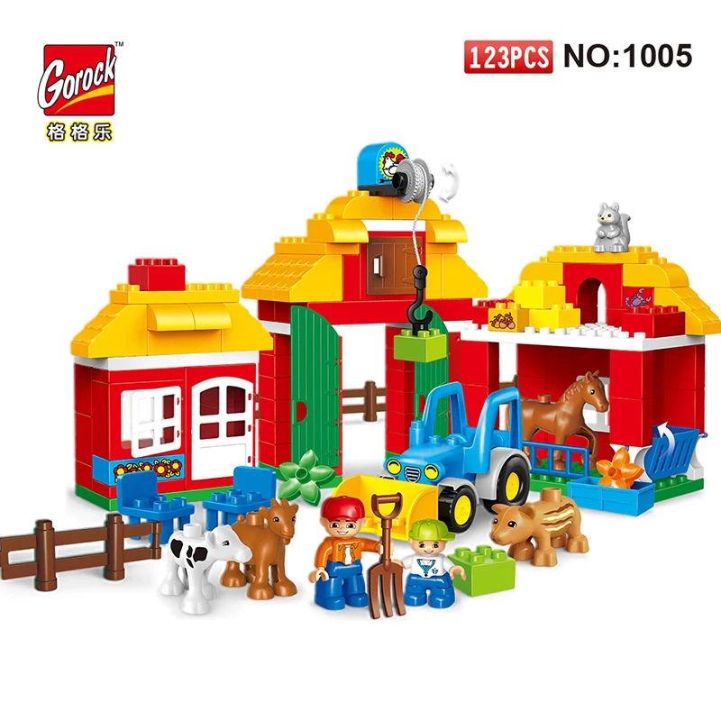 

123PCS Happy Farm Big Size Building Blocks Sets DIY Zoo With Animals For Kid City DIY Toys Compatible LegoING With Duploe Bricks