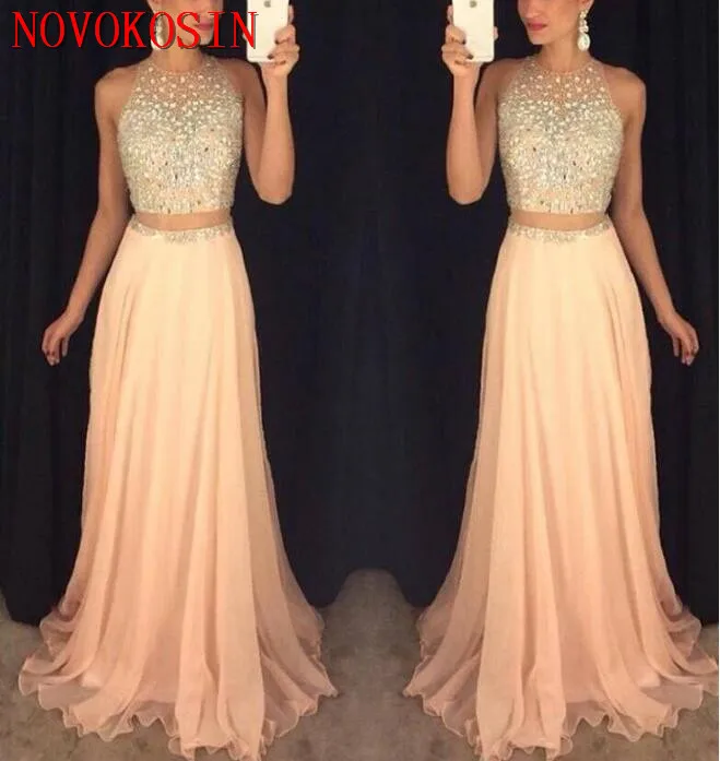 

2019 Sexy Prom Dresses Jewel Neck Yellow Peach Chiffon Long Crystal Beads Sheer Waist Open Back 2 Piece Party Dress Evening Gown