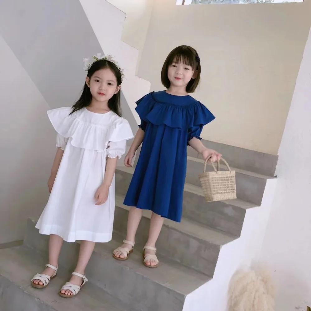

2019 girls dress solid blue white yellow colour ruffles design sweet toddler girls summer clothing boutique kids clothes
