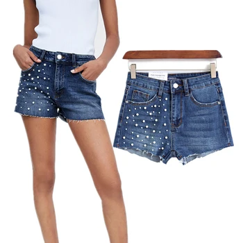 

2019 summer fashion Blue denim shorts Jeans women high street side Pearl burrs stretch denim Sexy shorts women