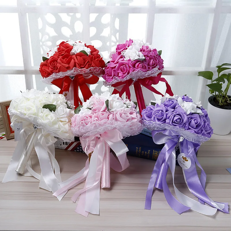 ZUOYITING, Свадебный букет невесты, держащий цветок, PE Роза, для подружки невесты, свадебные поролоновые цветы, роза, свадебный букет, лента, поддельные de noiva
