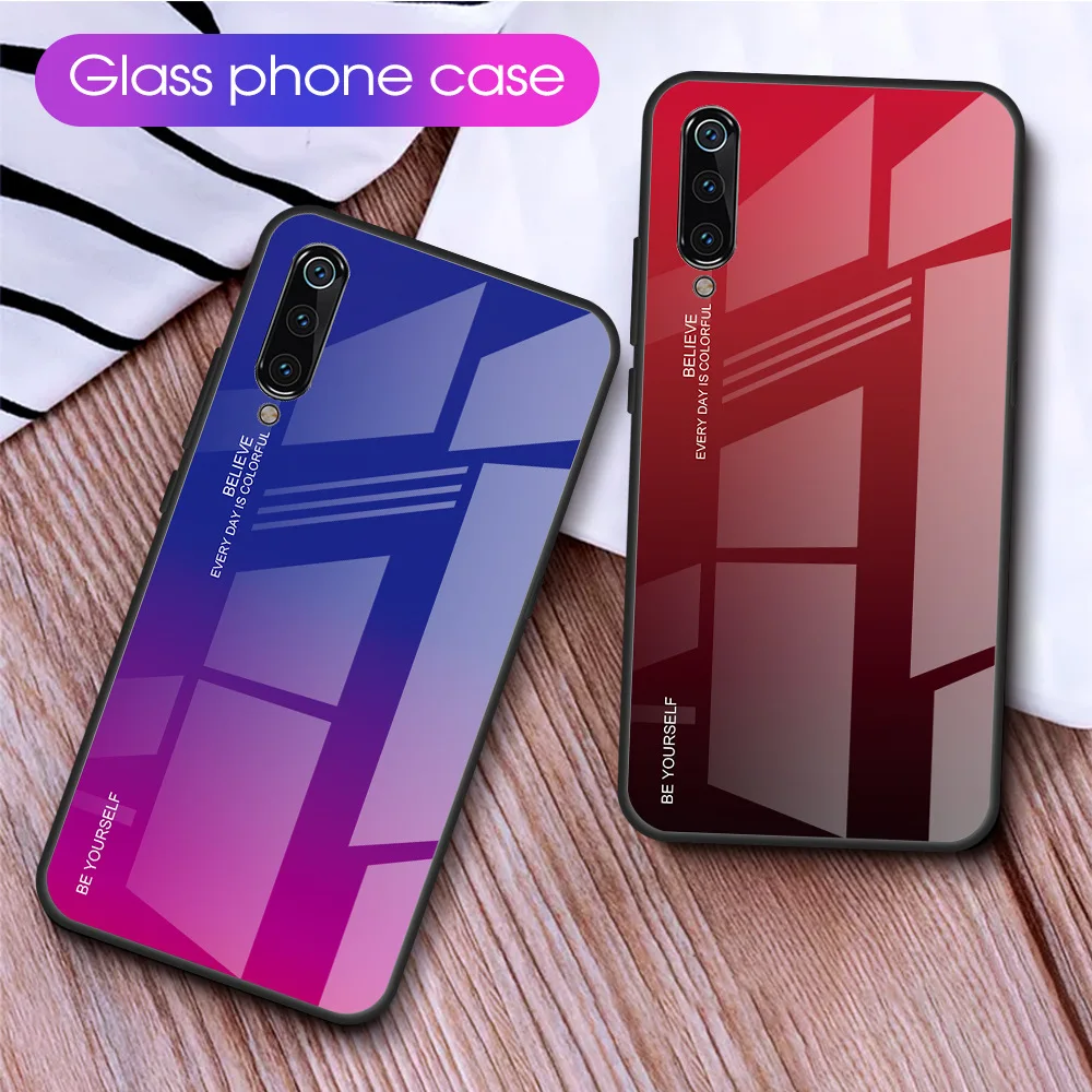 

For Mi CC9 Tempered Glass Phone Case For Xiaomi Mi CC9 9T 9 SE Redmi K20 K20 Pro Gradient Aurora Soft TPU Edge Glass Back Case