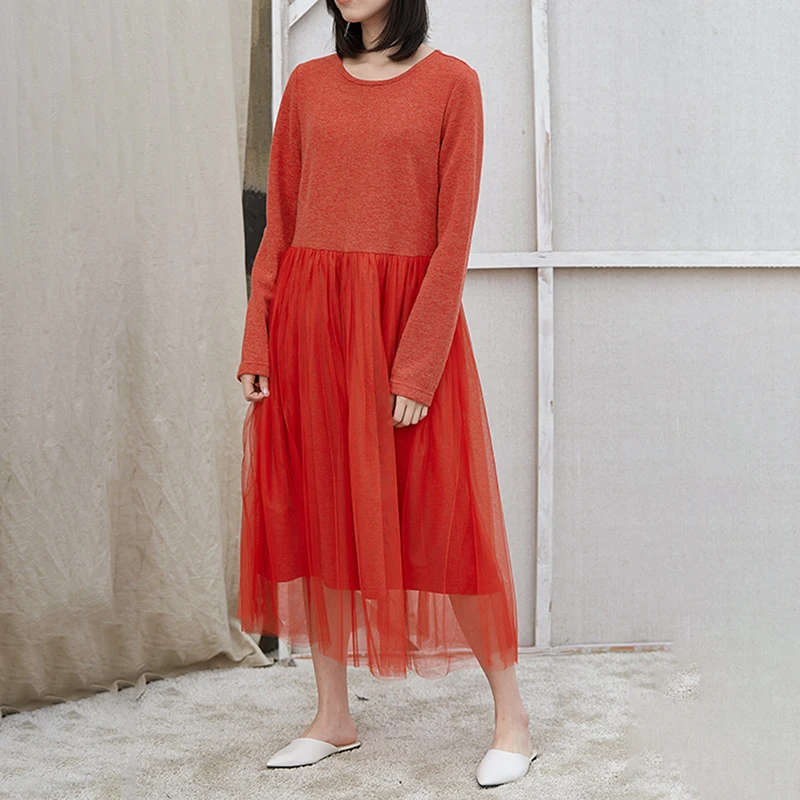 

[EWQ] Spring New 2019 Round Collar Long Sleeve Patchwork Double Layer Mesh Pullvoers Loose Waist Casual Dress Women AD45601