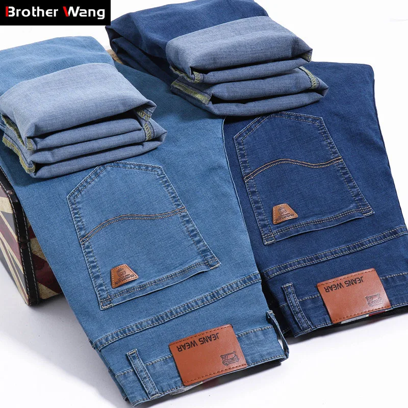 

Brand Men's Slim Jeans 2019 Summer New Thin Stretch Business Casual Trousers Fashion Denim Pants Male Sky blue