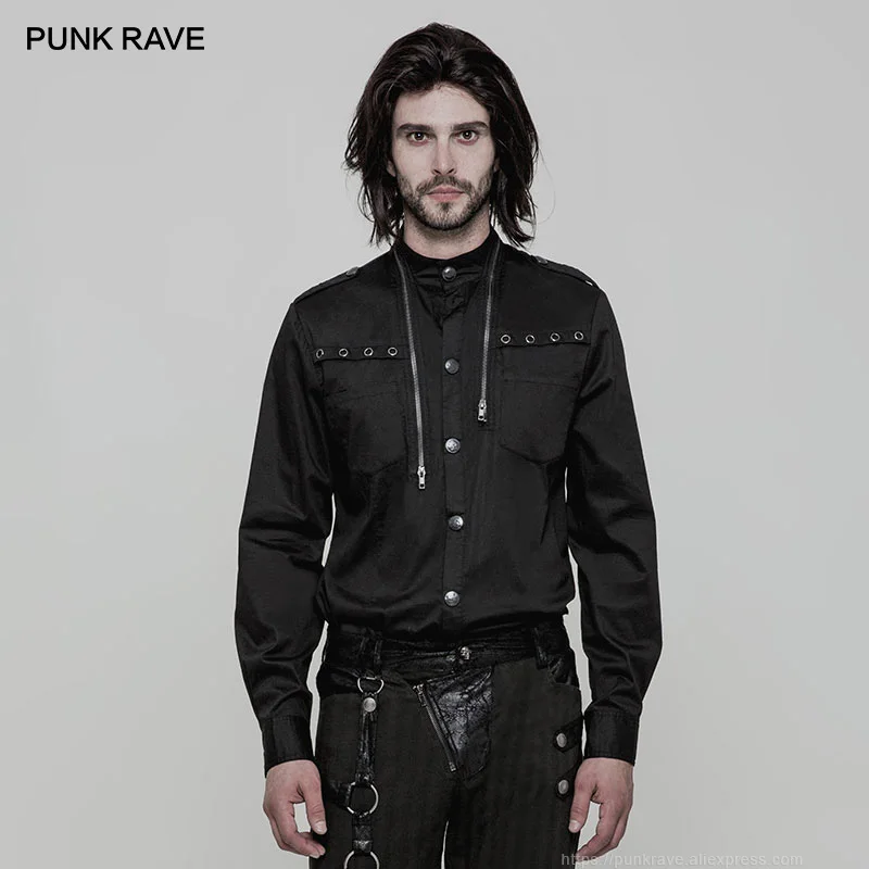 

PUNK RAVE Men's Uniform Punk Handsome Long Sleeve Shirt Zipper Decoration Fashion Party Club Visual Kei Casual Men Shirts