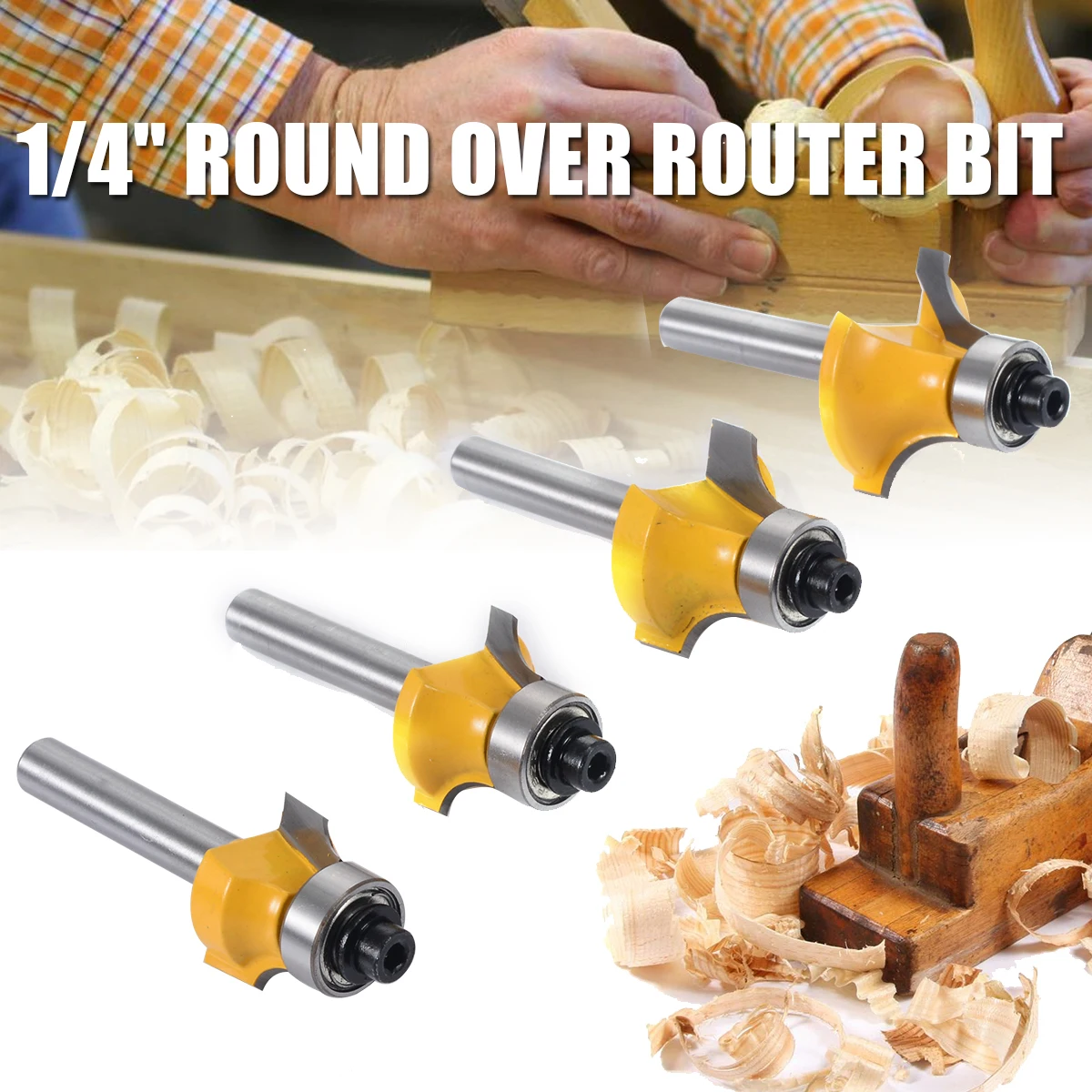 4pcs 1/4" Shank Round Over Router Bit Set 1/2" 3/8" 1/4" 1/8" Radius for Wooworking Cutter Tool