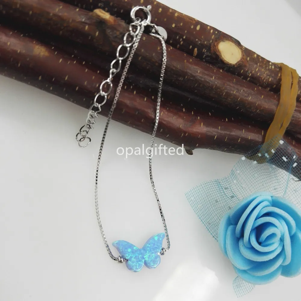 

1pc/lot Free shipping 8.6*14mm Light Blue OP06 Synthetic Opal butterfly Bracelet with 925 Silver opal bracelet For Love gift