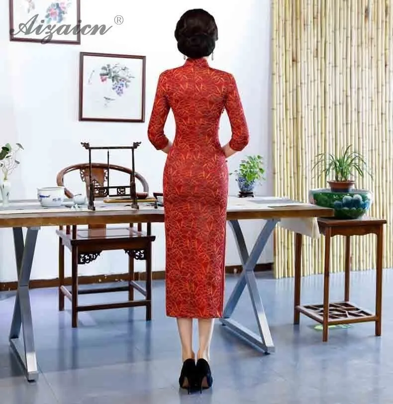 Ретро красное кружево Qipao ручной ногтей жемчуг Cheongsam Длинные платья Мать Qi Pao женское традиционное китайское платье Женская Роба в