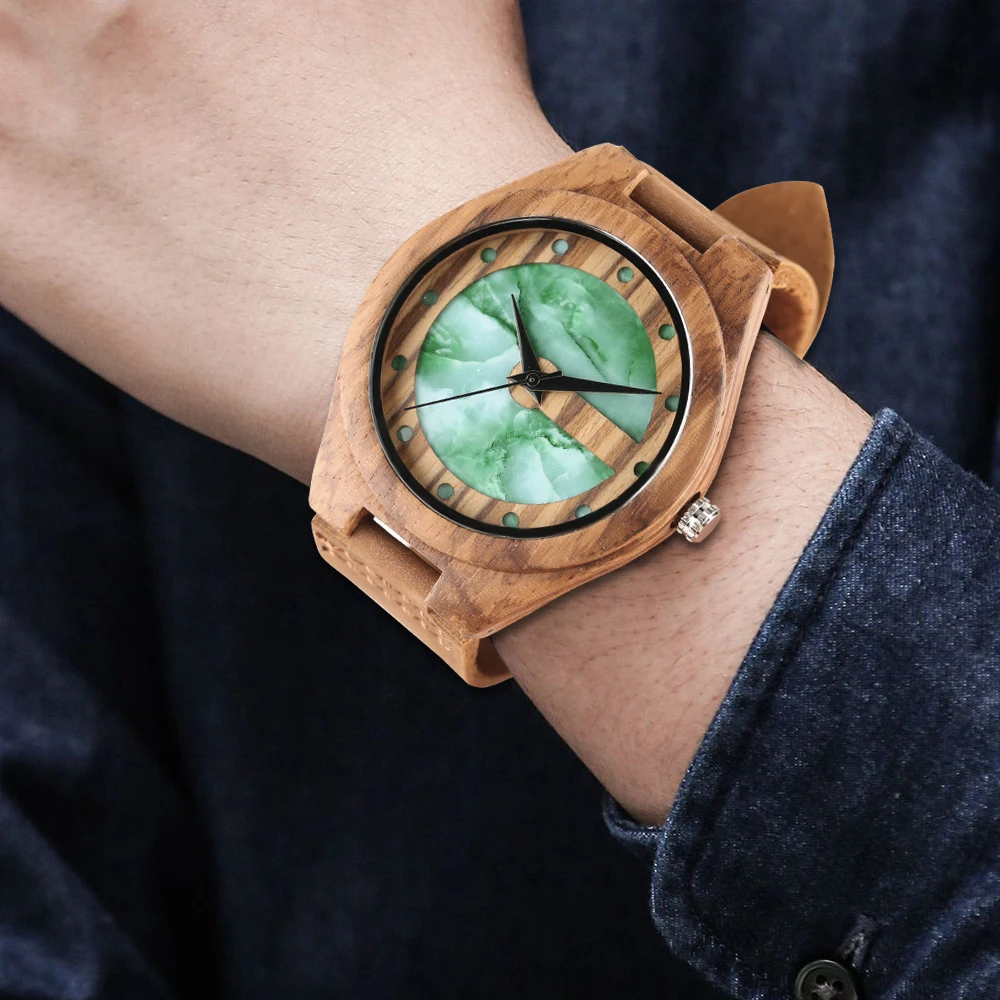 Natural Bamboo Wood Wrist Watch Special Marble Dial Bangle Quartz Watches Genuine Leather Watch Strap Men Women Clock Relogio (15)