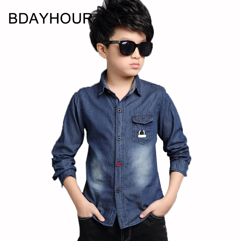 

2017 Spring Children 'S Clothing New Denim 95% Cotton Cartoon Embroidery Pattern Long - Sleeved Lapel Boy Cartoon Denim Shirts