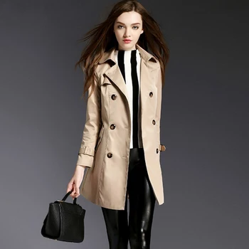 

Autumn Vintage Style Turn-down Collar Long Sleeve Double Breasted Slim Trench Coat With Belt Matching Coat FS0633