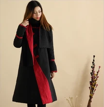 Winter chinese style retro slanting lapel frog contrast color patchwork windbreaker cotton padded jacket dust trench coat