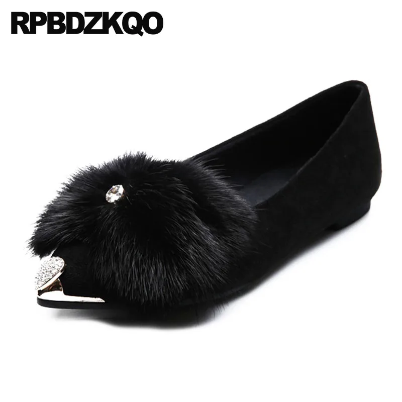 Suede Winter Pointed Toe Metal Black Rhinestone Flats Diamond Designer Shoes Women Luxury 2018 Fur Ladies Crystal China Chinese