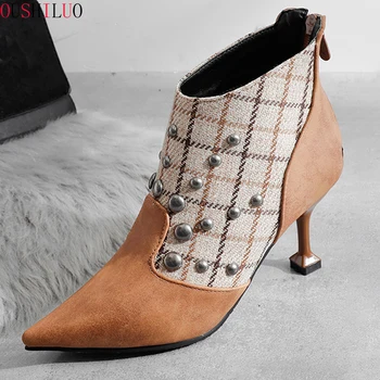 Boots Women Ankle Boots Rivets High Heel Shoes Ladies Black Boots Winter Zipper Buckle Pointed Toe Handmade Shoes 2019