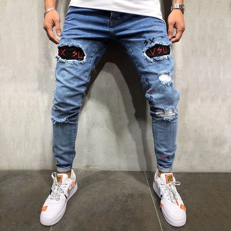 Мужские повседневные джинсовые брюки-карандаш в стиле хип-хоп, рваные джинсы, узкие длинные джинсовые брюки с дырками, весенние хлопковые модные эластичные брюки для отдыха
