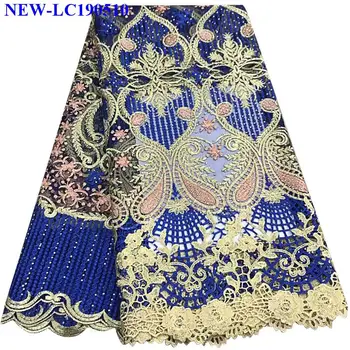 

Blue african lace fabric 2019 high quality French Lace Fabric nigerian Rhinestones Lace Fabric For Party dress 5 yards BGS02