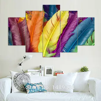 

5 Panels Free Shipping Fresh Look Color Feather Modern Wall Painting Home Decorative Art Picture Paint On Canvas Prints Unframed