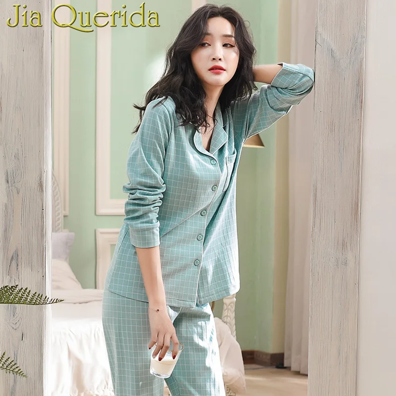 

J&Q Pyjamas Women 2019 High Quality Brand Pajamas 100% Pure Cotton Cardigan Button Tops Long Sleeves Light Plaid Leisure Pijamas