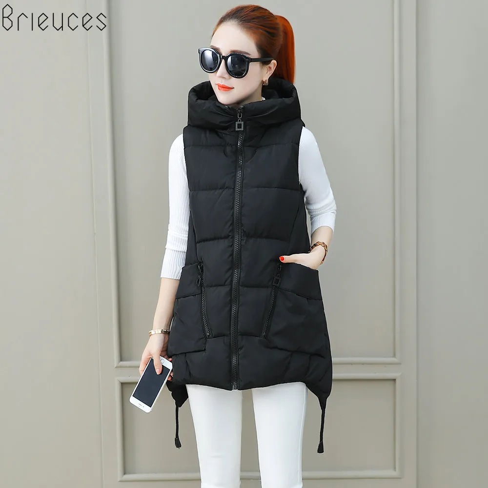 Brieuces 2018 New Winter Vest women Casual Autumn Winter Sleeveless Waistcoat Hooded Long Warm Cotton Padded Top Vest Jacket