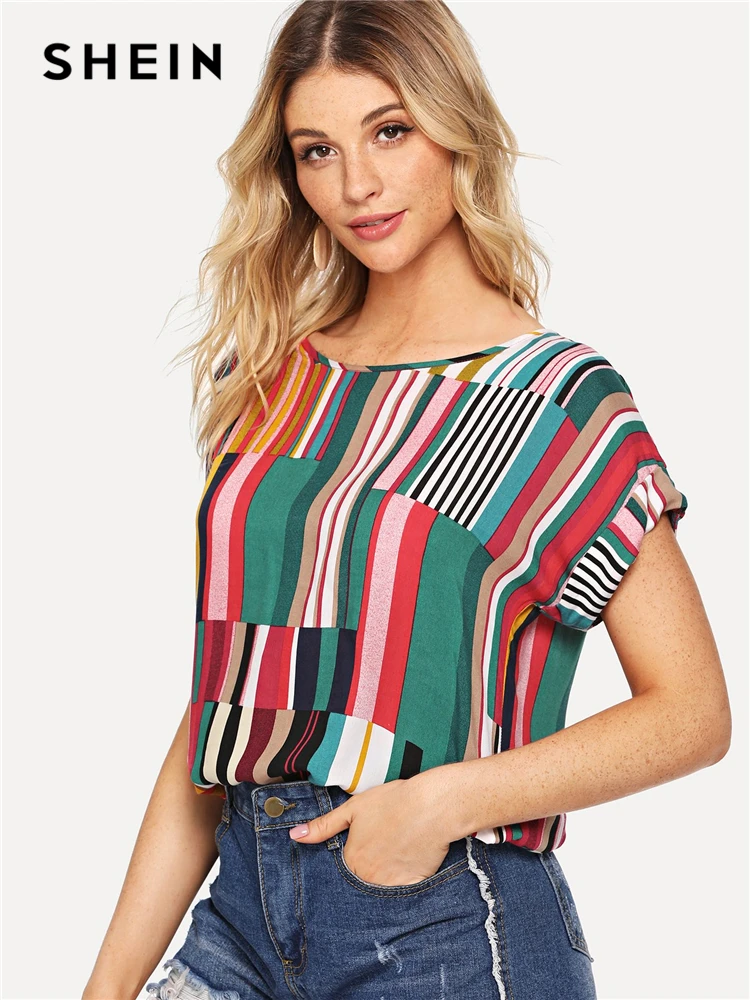 SHEIN Multicolor Mix Striped Print Rolled Up Tee Casual Scoop Neck Colorblock T-Shirt Women Summer Short Sleeve Tops SHEIN Multicolor Mix Striped Print Rolled Up Tee Casual Scoop Neck Colorblock T-Shirt Women Summer Short Sleeve Tops