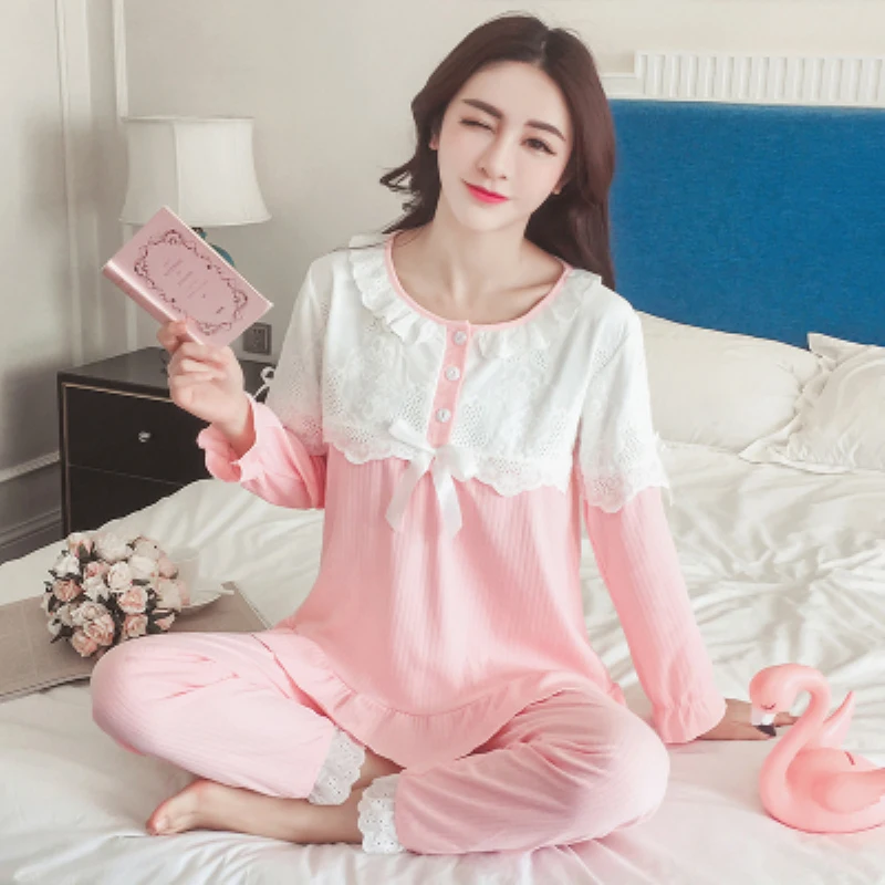 

Maternity Lace Patchwork Nursing Pajamas Set Long Sleeve Breastfeeding Shirt+Pregnancy Pants Sleepwear for Pregnant Women Spring