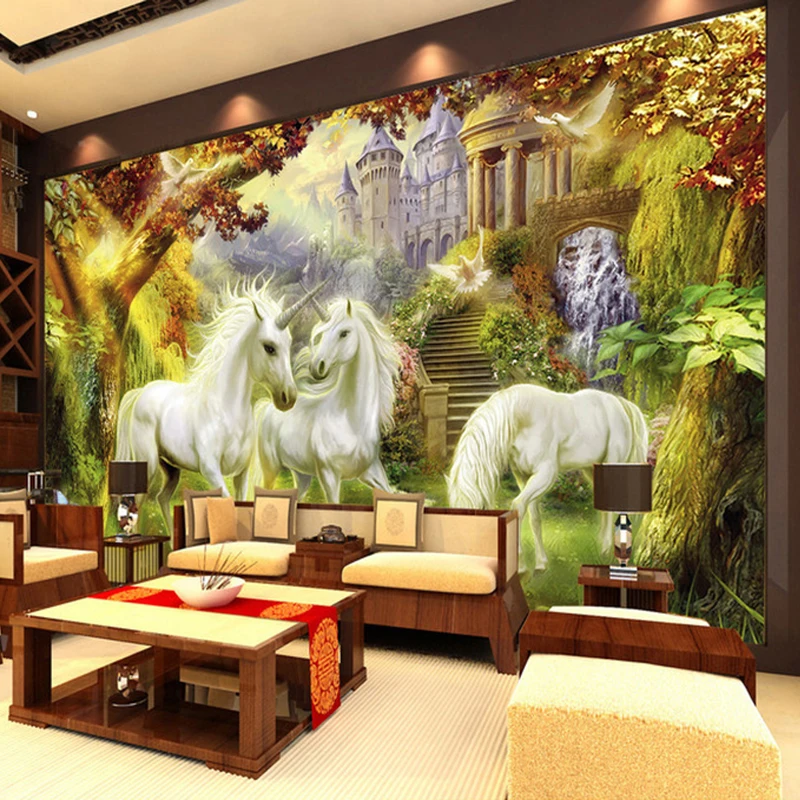 Заказ росписи стены тканью Водонепроницаемый обои лес Единорог Европейский Стиль Гостиная Спальня декоративные обои для стен 3D