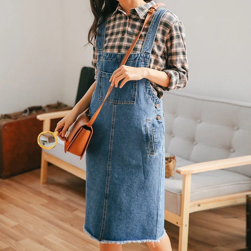 Spring solid color Denim Strap Dress Women Pocket brushed hem Jean Strap knee length Dress Female College style Overalls